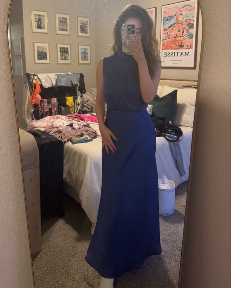Elegant Navy Blue Satin Maxi Dress - Image 3