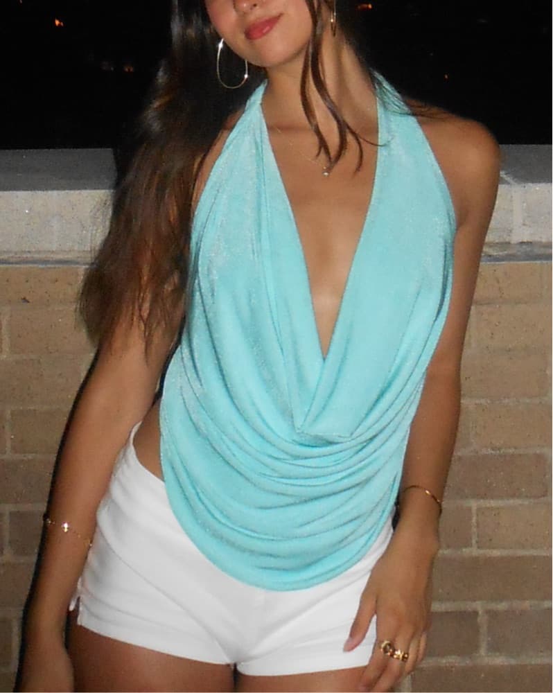 Aqua Blue Backless Cowel Neck Top - Image 2