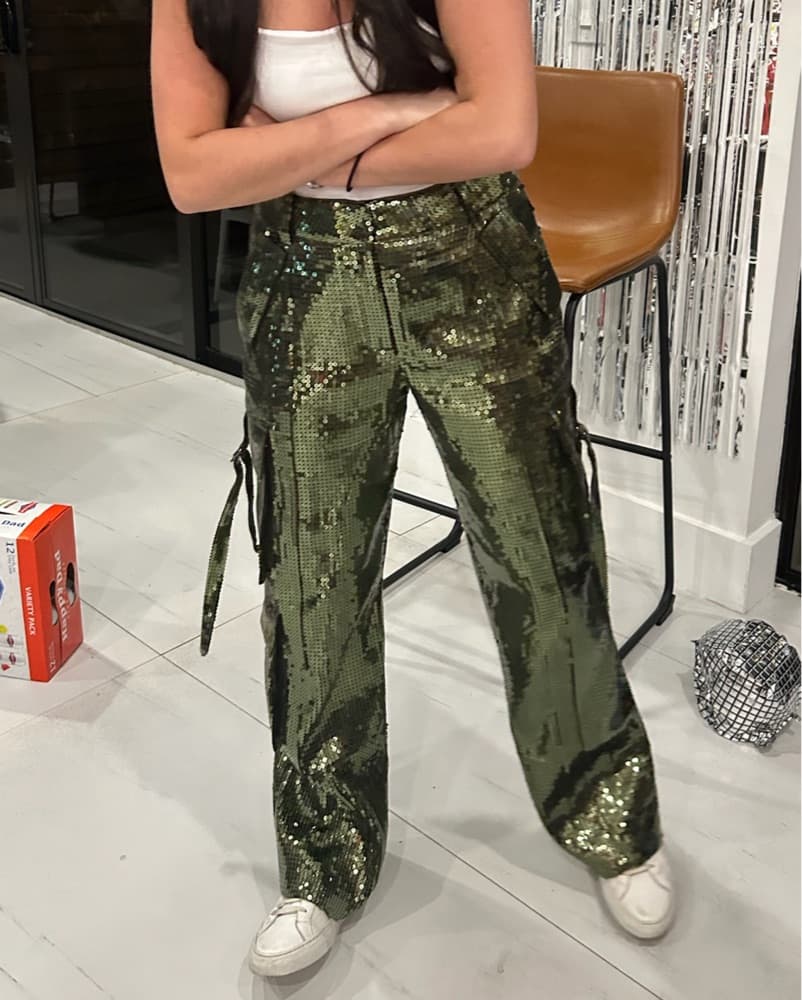 Retrofete Andre Cargo Green Sequin Pants - Image 2