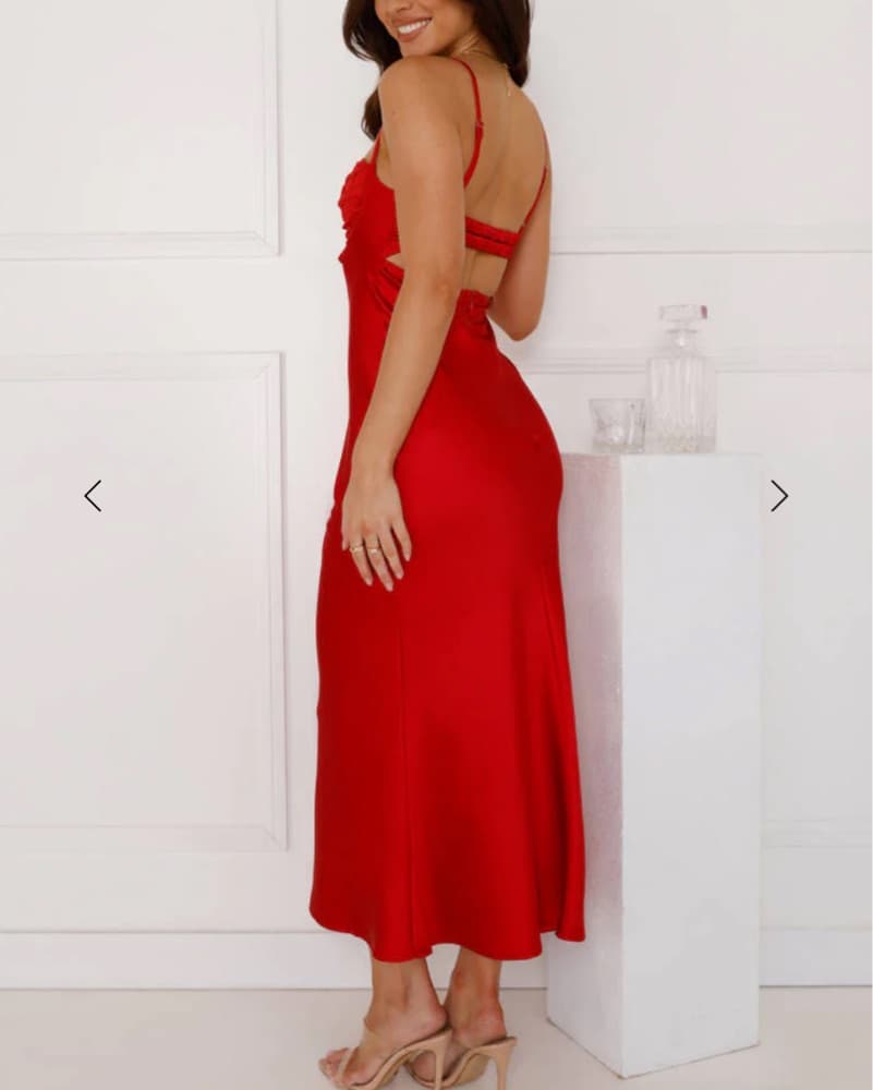 Red Satin Bustier Midi Dress - Image 2