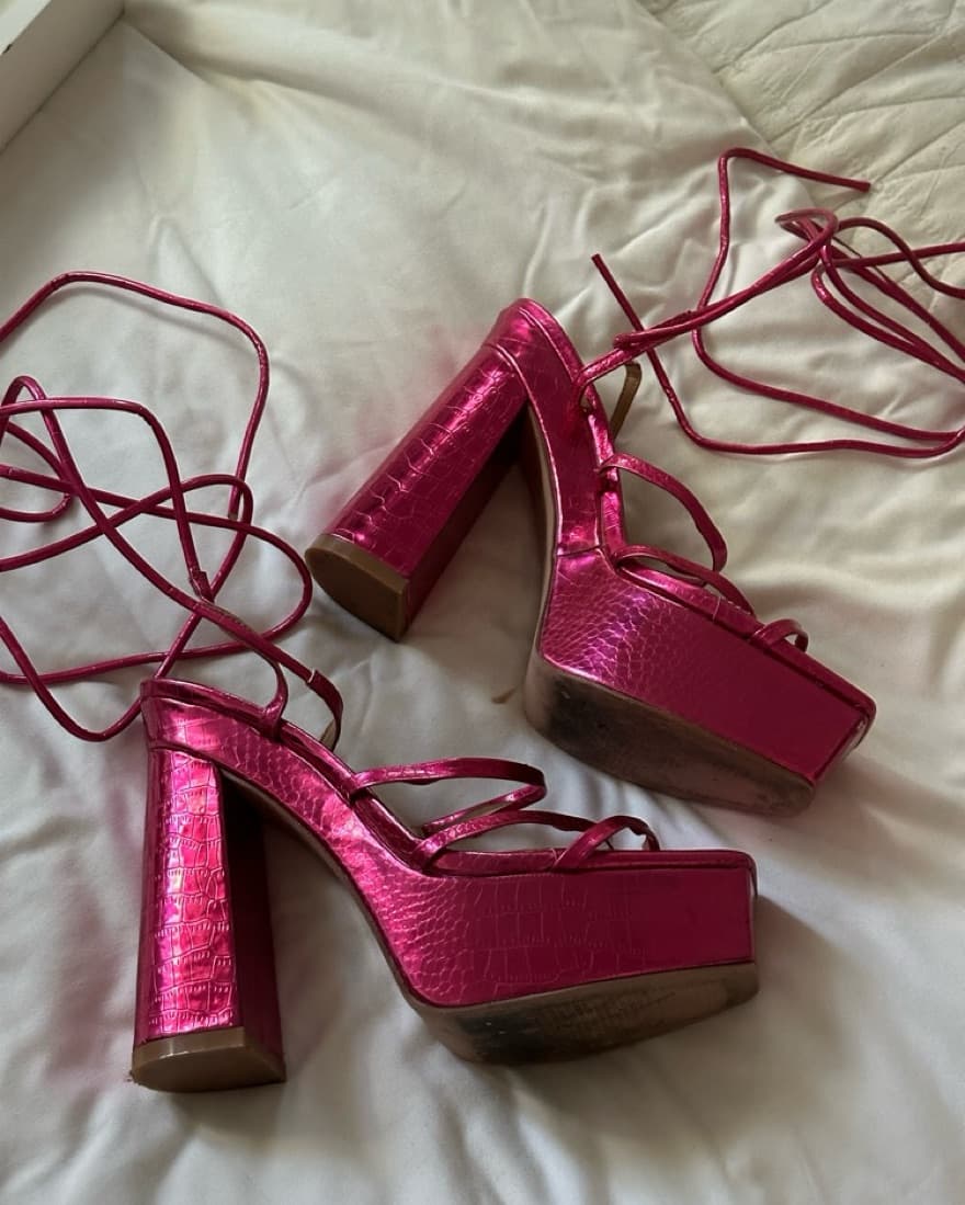 Metallic Pink Lace Up Chunky Heels - Image 3