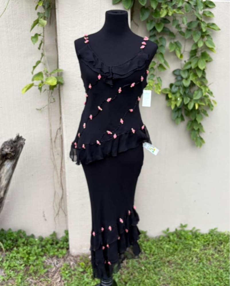 Black Silk Rosette Beaded Two Piece Set - Image 2