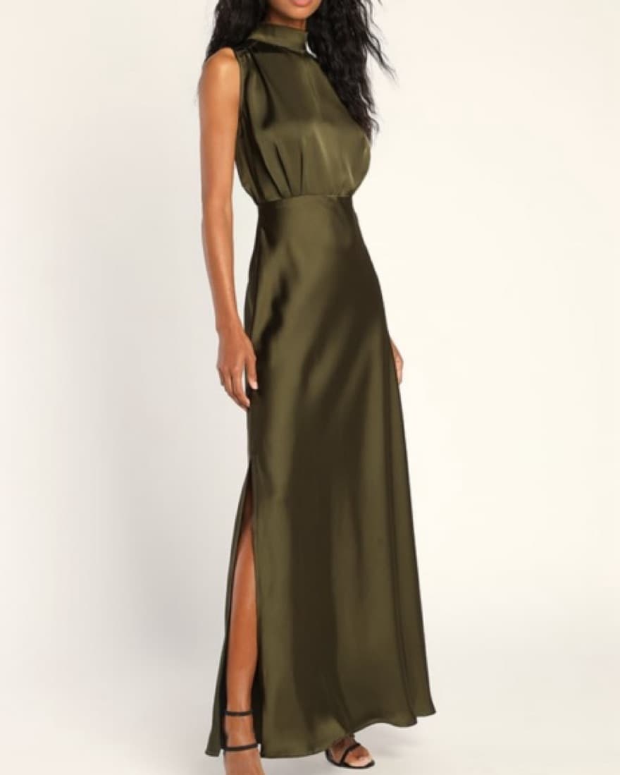 Lulus Olive Green Satin Mock Neck Dress - Image 2