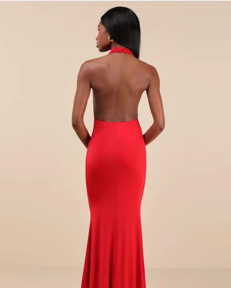 Glamorous Red Halter Gown - Image 3