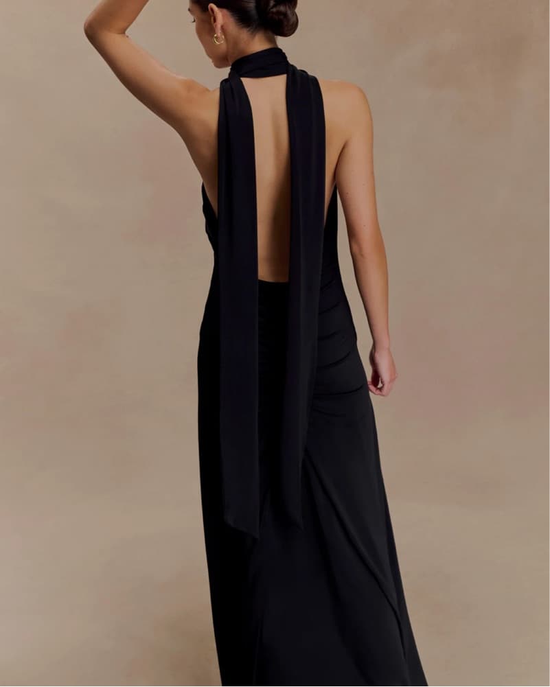 Black Slinky Maxi Dress With Scarf  - Image 2