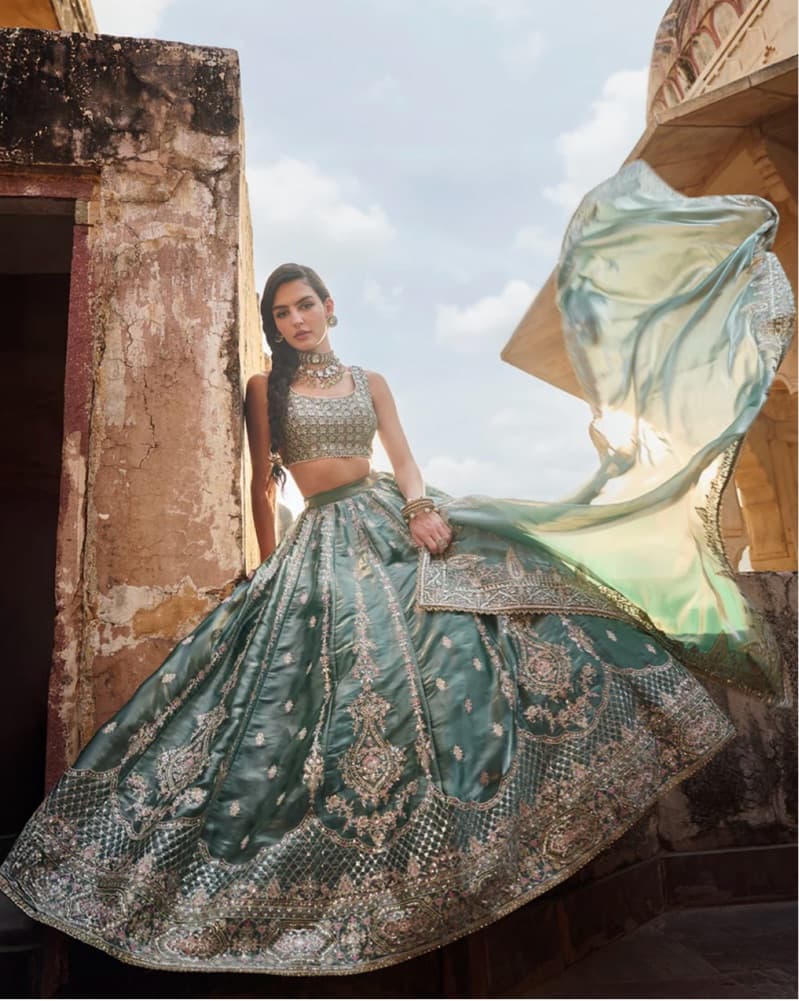 Green and Gold  Indian Lehenga - Image 2