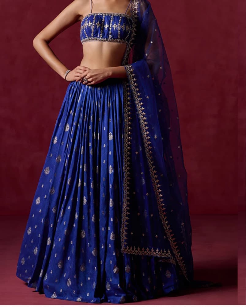 Royal Blue Embroidered Brocade Lehenga - Image 1