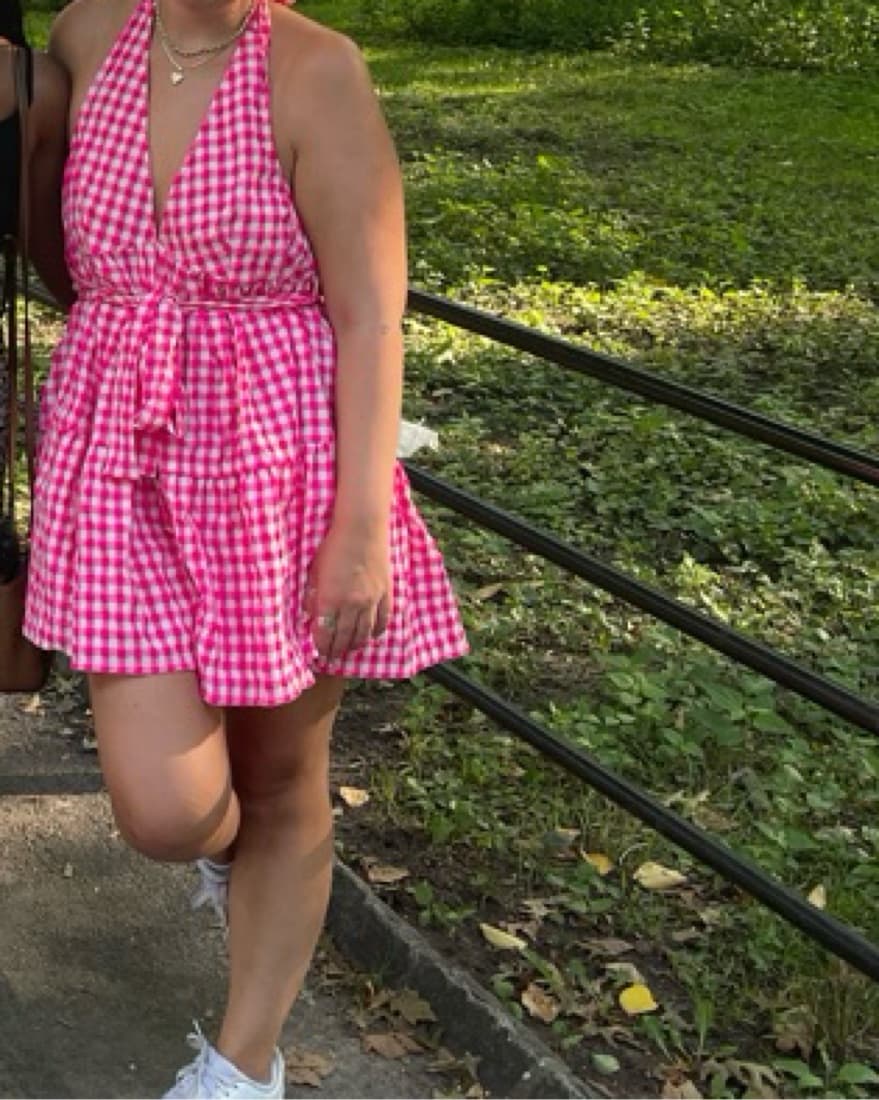 Pink Gingham Tie Shoulder Romper - Image 3