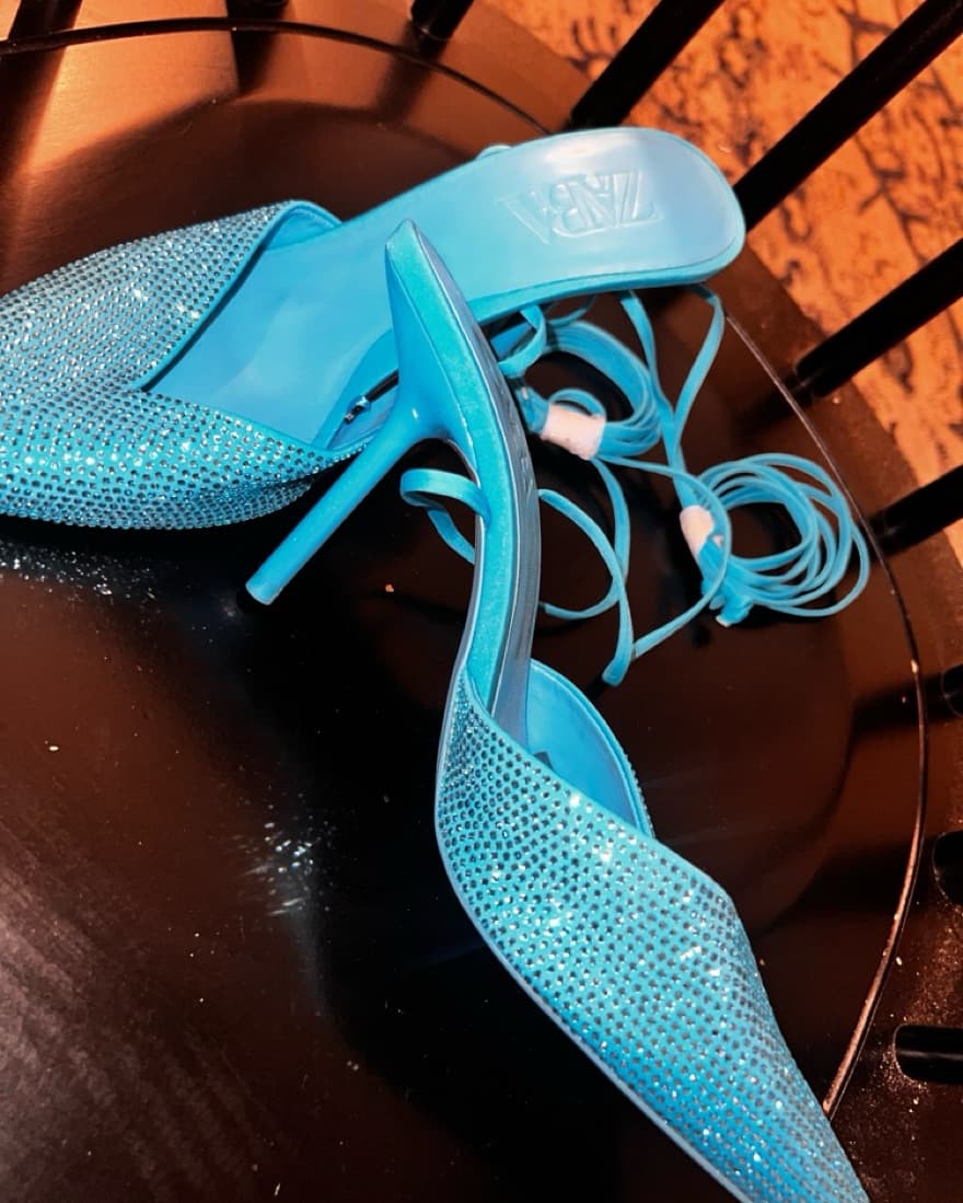 ZARA Blue Crystal Lace Up Heels - Image 5