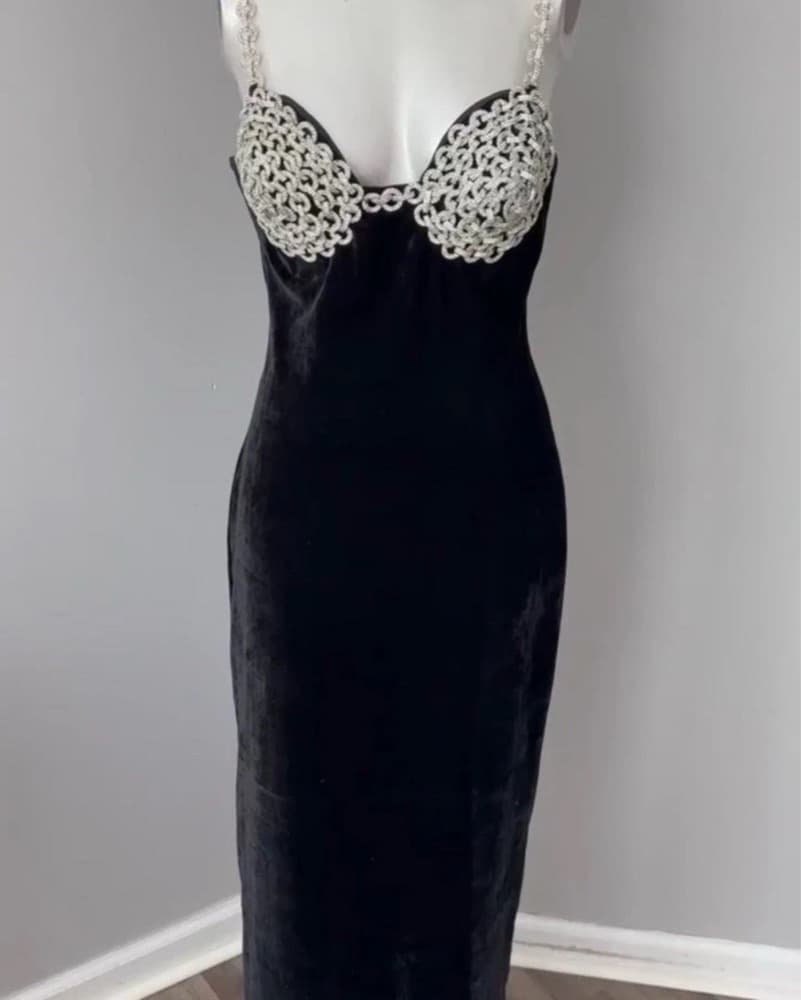 Patbo Black Velvet Diamond Midi Dress XS - Image 6