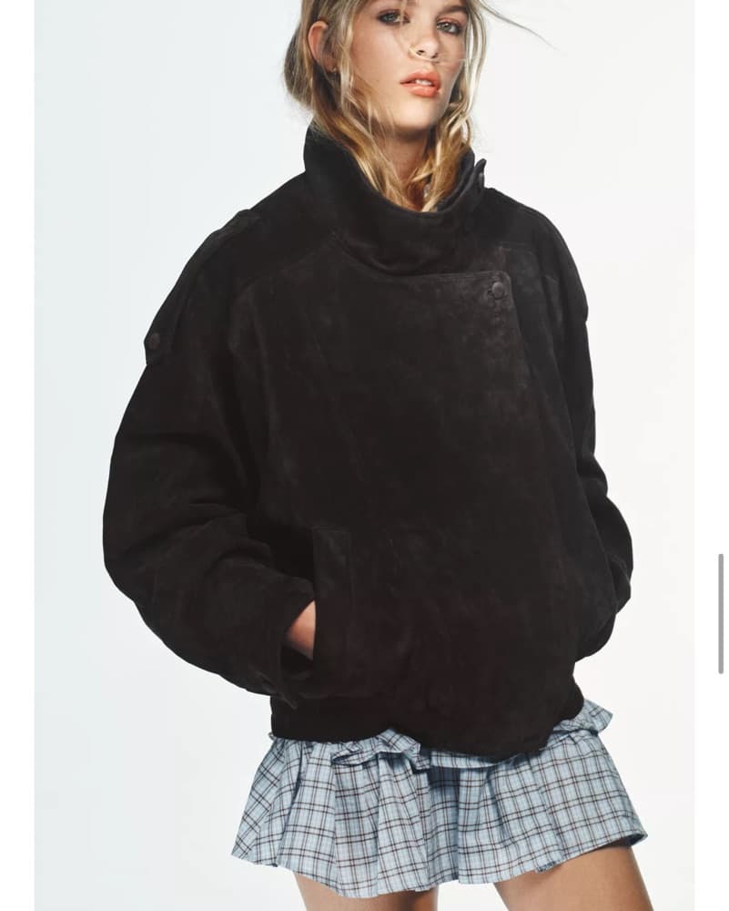 Suede Bomber Jacket W/ High Collar - Image 4