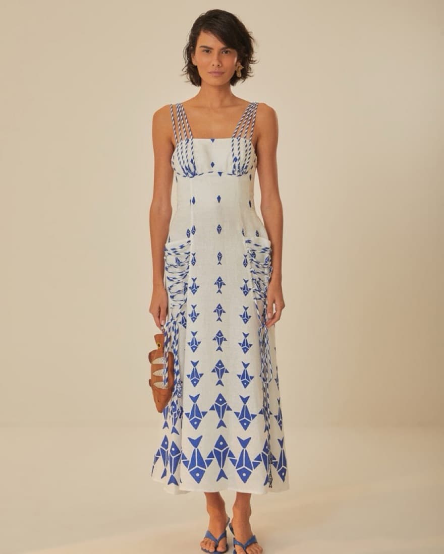 Farm Rio Graohic Fishes Linen Maxi Dress - Image 1