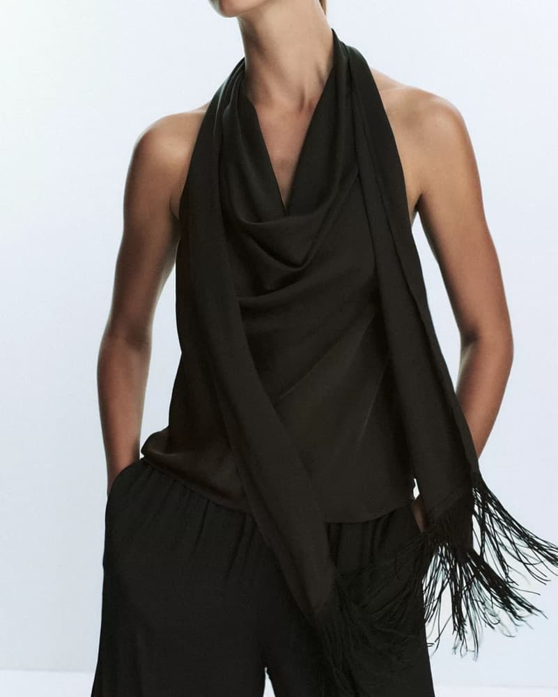Zara Neck Scarf Fringe Brown Top - Image 1