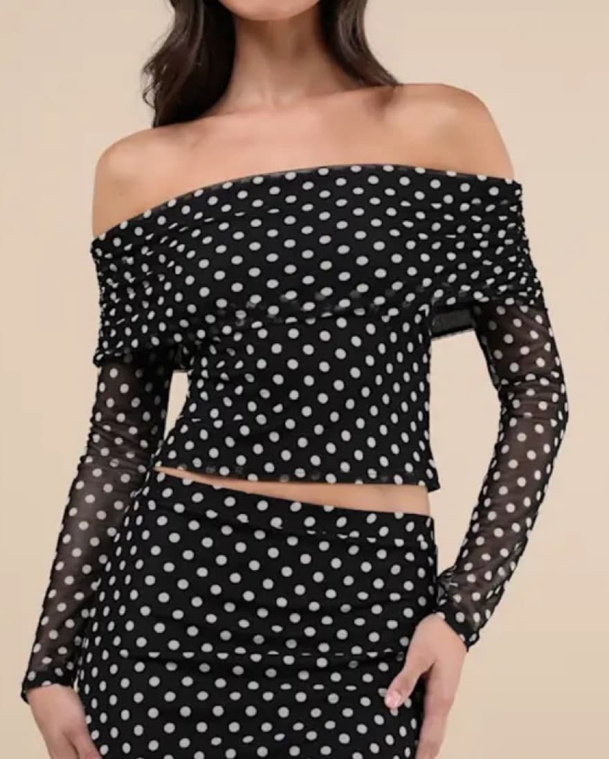 Long Sleeve Polka Dot Mesh Top - Image 1