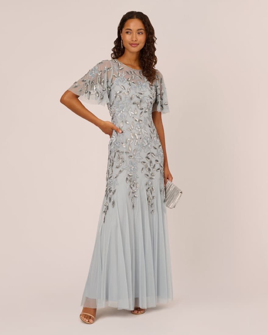 Long Floral Beaded Gown, Flutter Sleves - Image 1