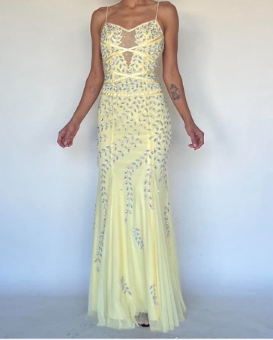 Vintage Yellow Beaded Pleated Sweetheart Gown - Image 2