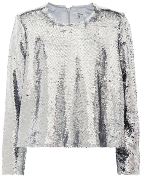 Ganni Sequined Georgette Top In Silver - Image 1