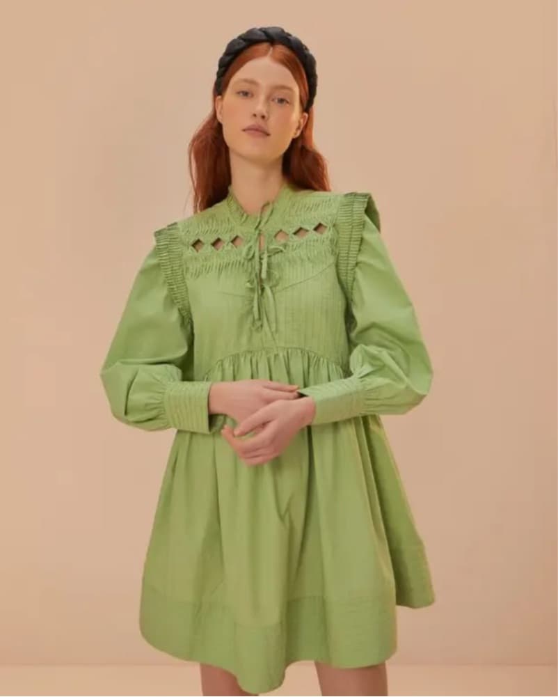 Farm Rio Open Yoke Mini Dress in Green - Image 1