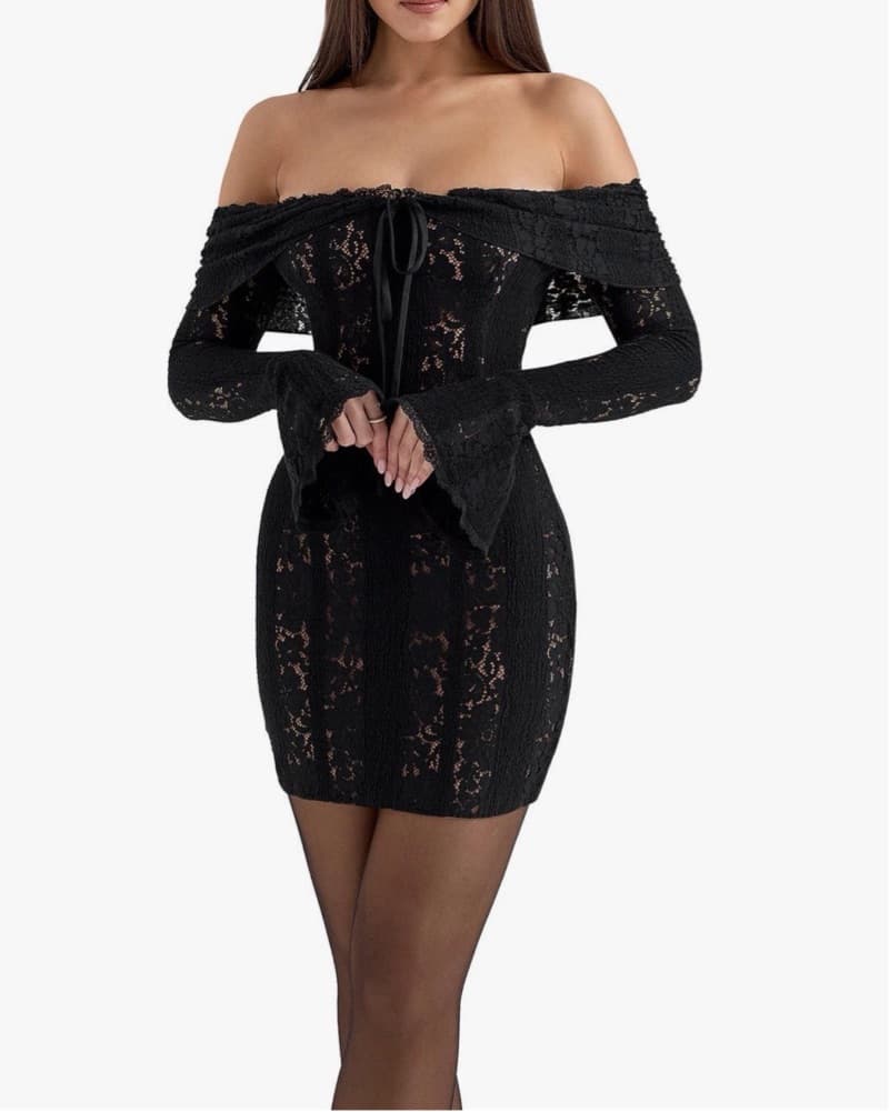 Alluring Black Lace Off-Shoulder Dress - Image 2