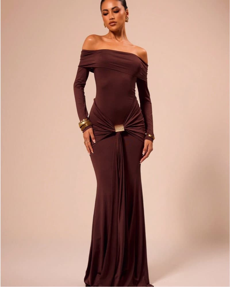 Brown off Shoulder Drapped Gown - Image 1
