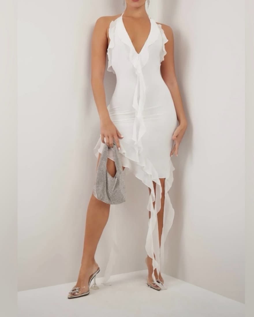 HEIRESS WHITE ASYMMETRIC RUFFLE DRESS - Image 1