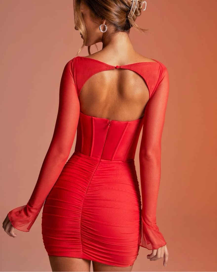 Red Mesh Bodycon Corset Dress - Image 3