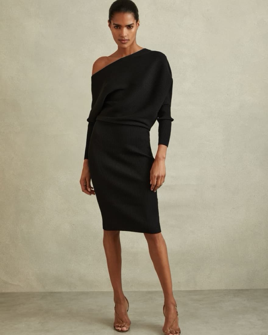 Reiss Black Knit One Shoulder Dress - Image 2