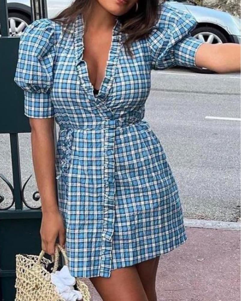 Ganni Seersucker Check Mini Dress - Image 3