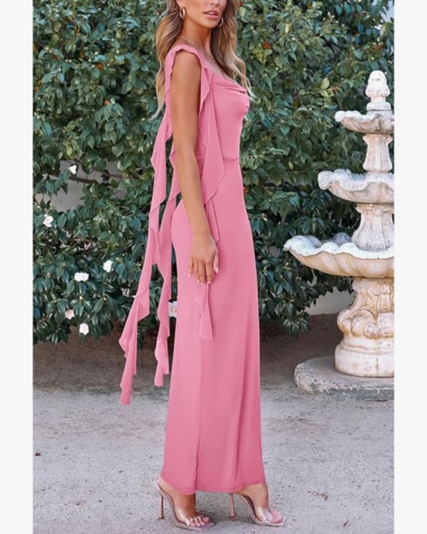 Pink Ruffle Cocktail Party Maxi Dress - Image 4