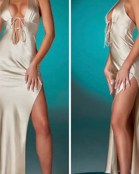 Oh Polly Champagne Satin Halter Gown - Image 2