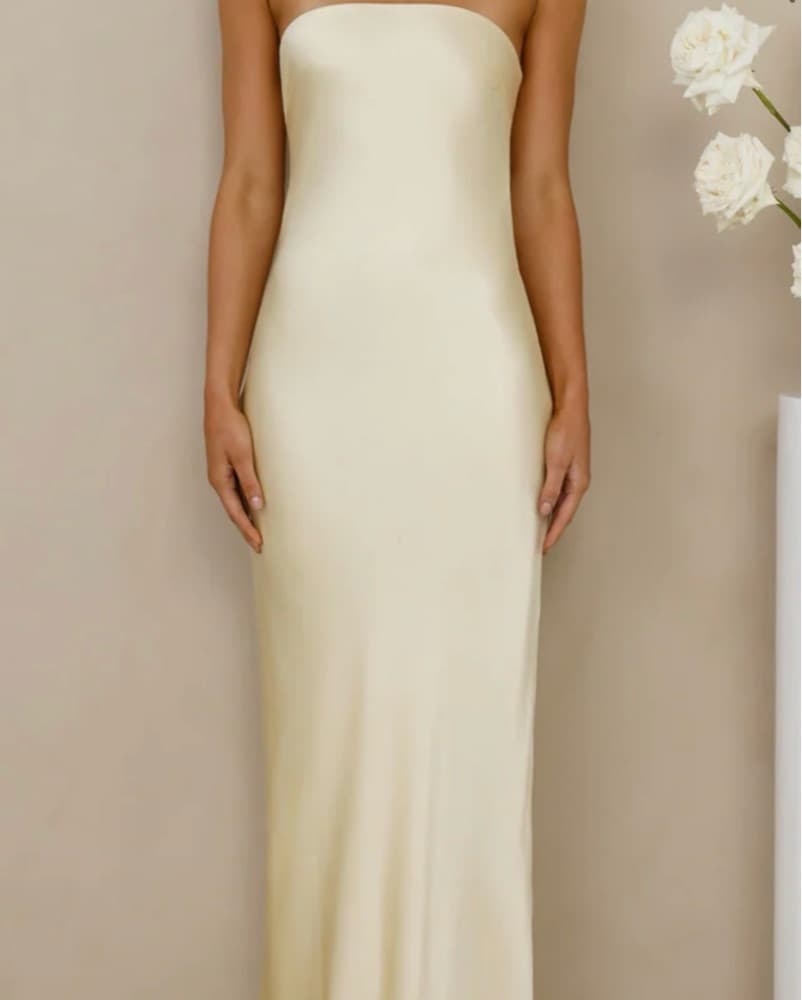 Heartloom Strapless Yellow Satin Maxi - Image 1