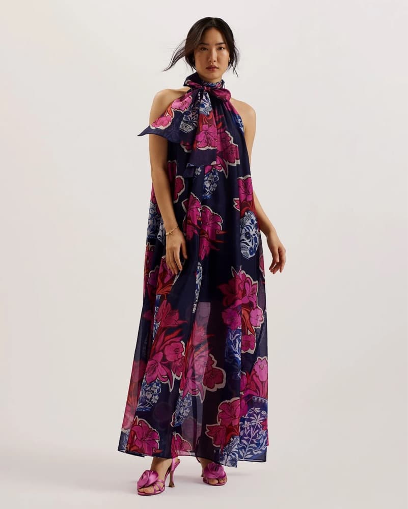 Vibrant Floral Dress With Scarf - Image 1