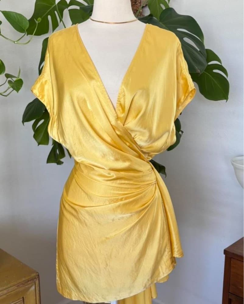 Radiant Satin Yellow Wrap Dress - Image 1