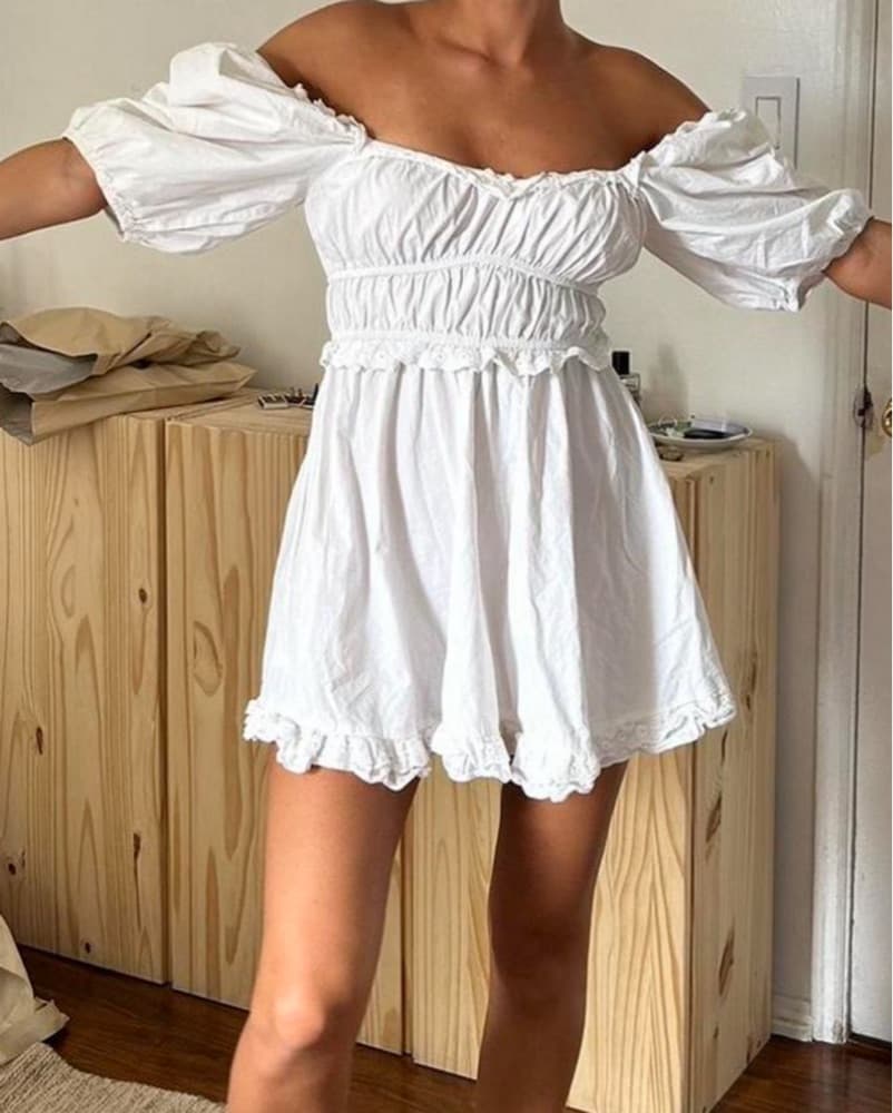 White Ruched Babydoll Mini Dress - Image 2