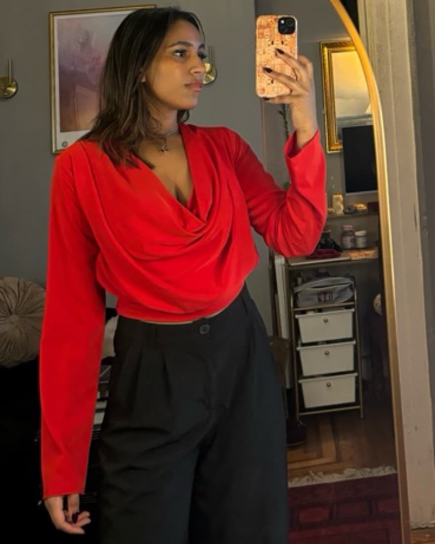 Vibrant Red Long Wrap Blouse - Image 3