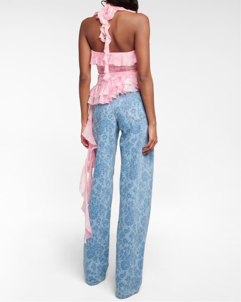 Alessandra Rich Top Silk Crystal Halter Ruffle Pink Swarovski Asymmetric V-Neck - Image 4