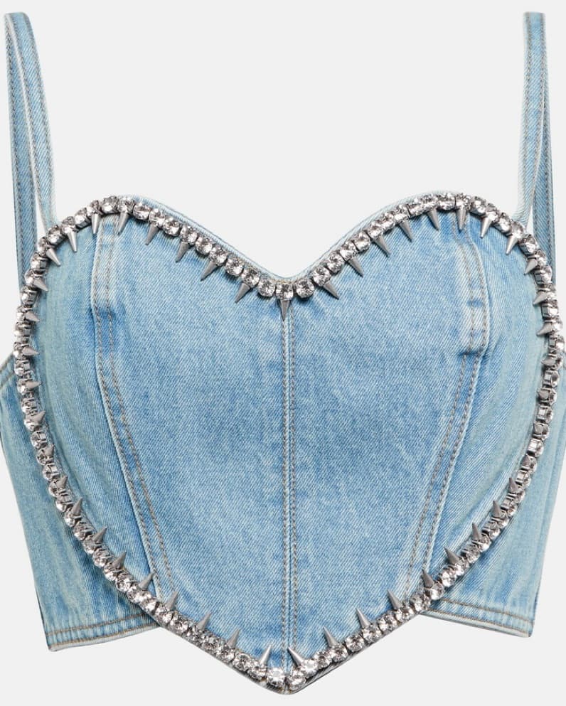 AREA crystal-embellished denim crop top - Image 1