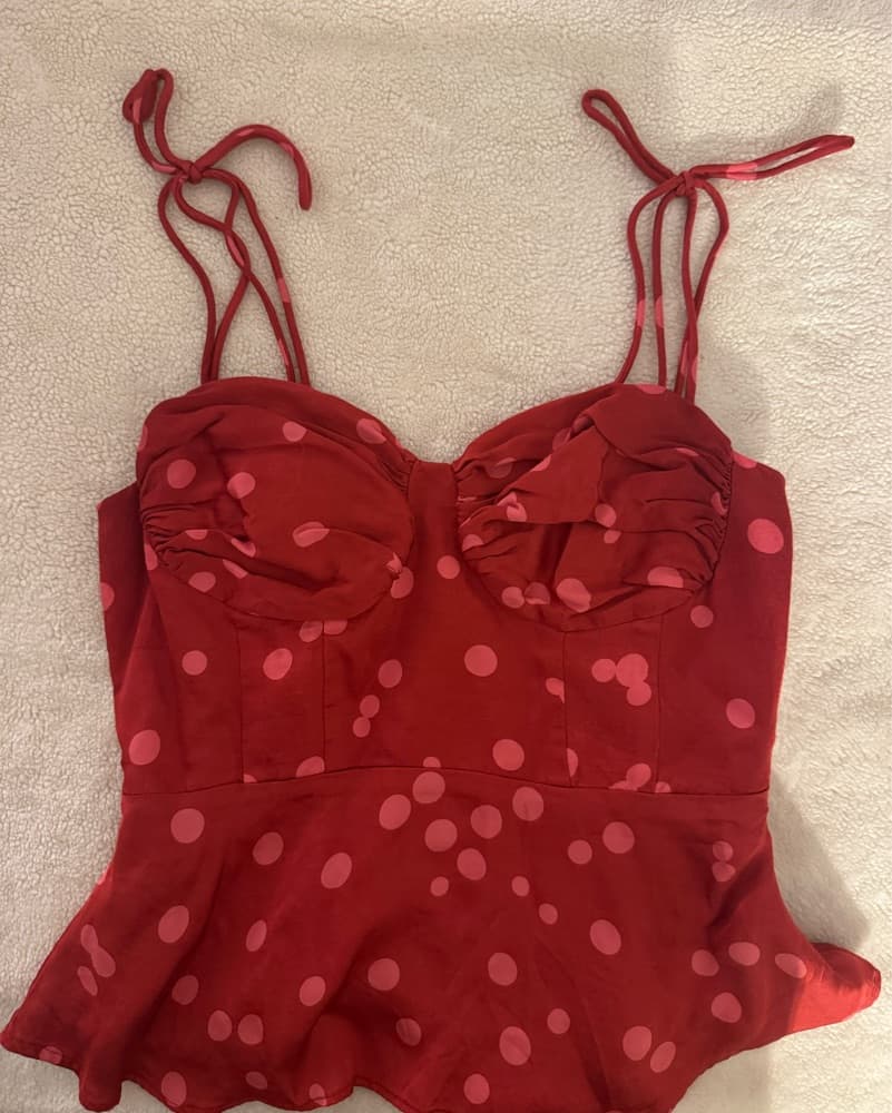 Vibrant Polka Dot Satin Peplum Top - Image 2
