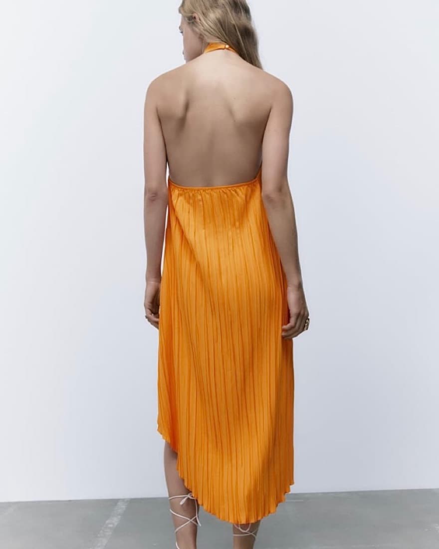 Orange Pleated Halter Dress - Image 2