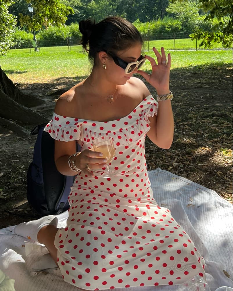 Playful Polka Dot Ruffle Midi Dress - Image 1