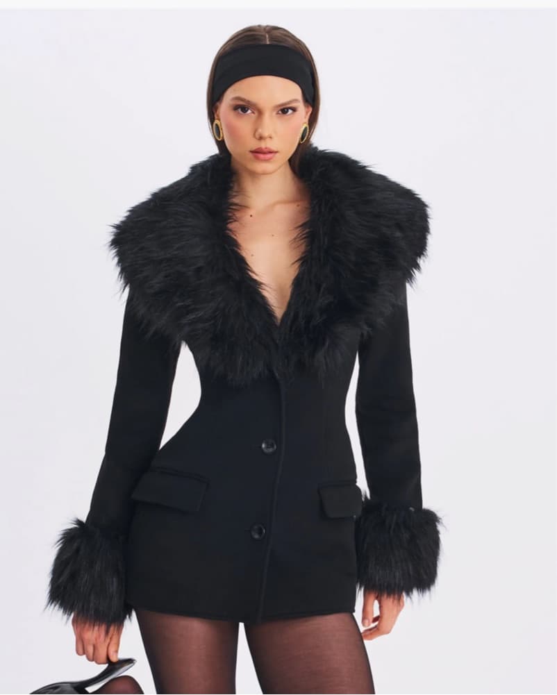 Sleek Black Faux Fur Coat - Image 1
