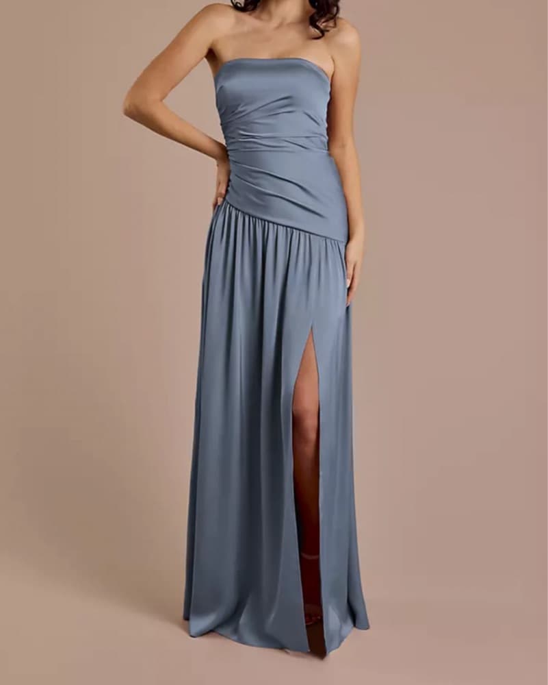 Drop Waist Satin Strapless Maxi Dress  - Image 1