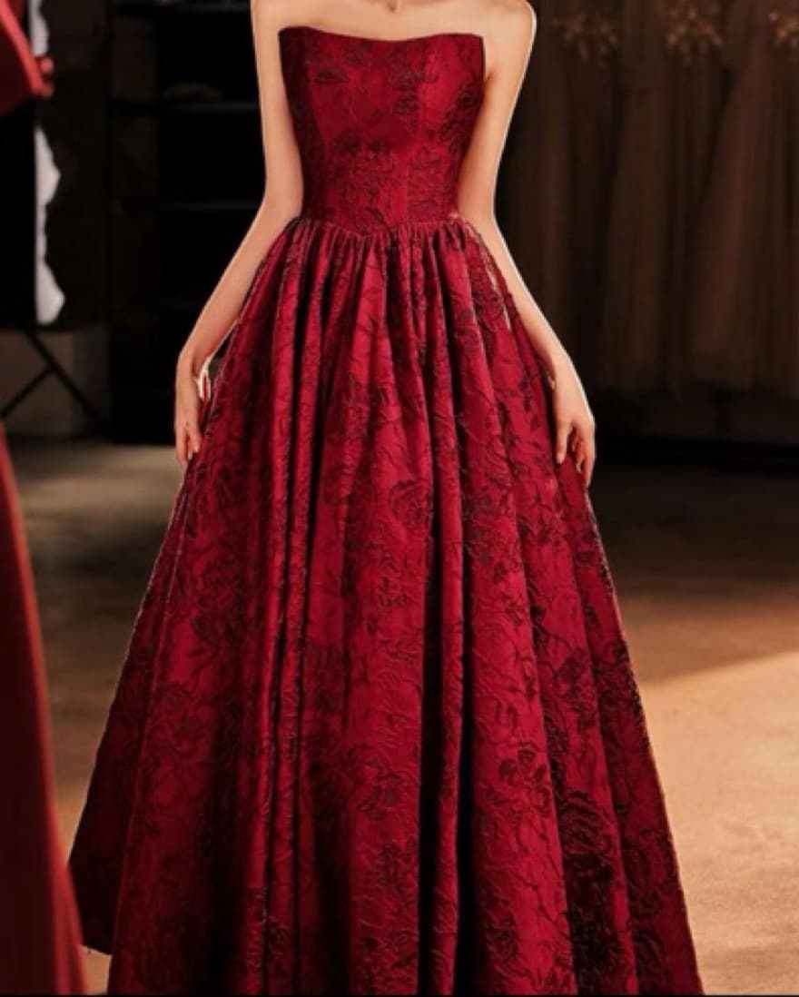 Gorgeous Red Jaquard Strapless Gown - Image 4