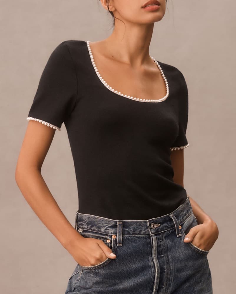 Chic Pearl-Trimmed Black Shirt - Image 1