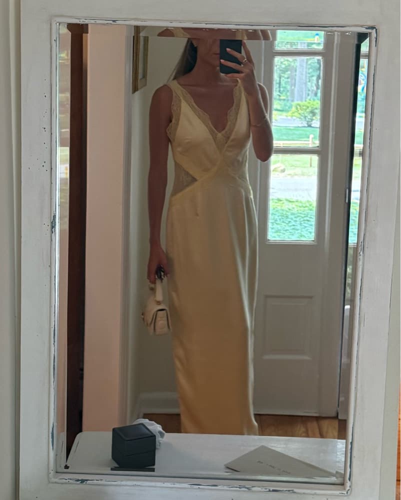 Yellow Satin Lace Gown - Image 2
