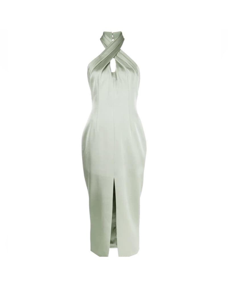RASARIO DRAPED SATIN MIDI DRESS OLIVE - Image 4