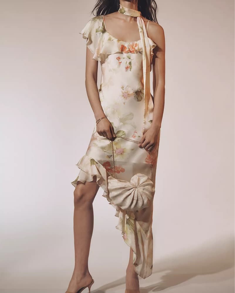 Floral Asymmetrical Scarf Silky Dress - Image 2