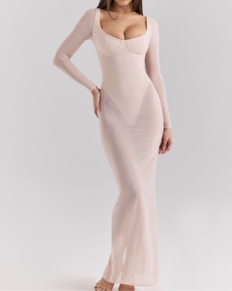Elegant Blush Faux Fur Maxi Dress - Image 1