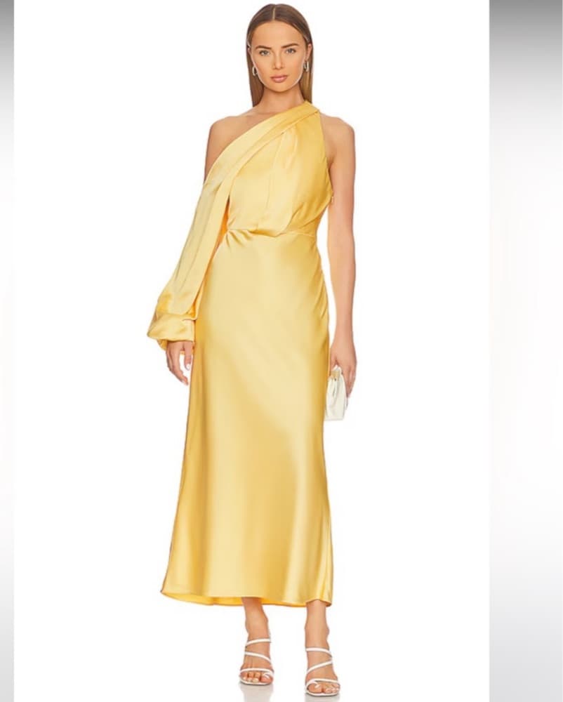 Yellow Silk One-Shoulder Midi Dress - Image 1