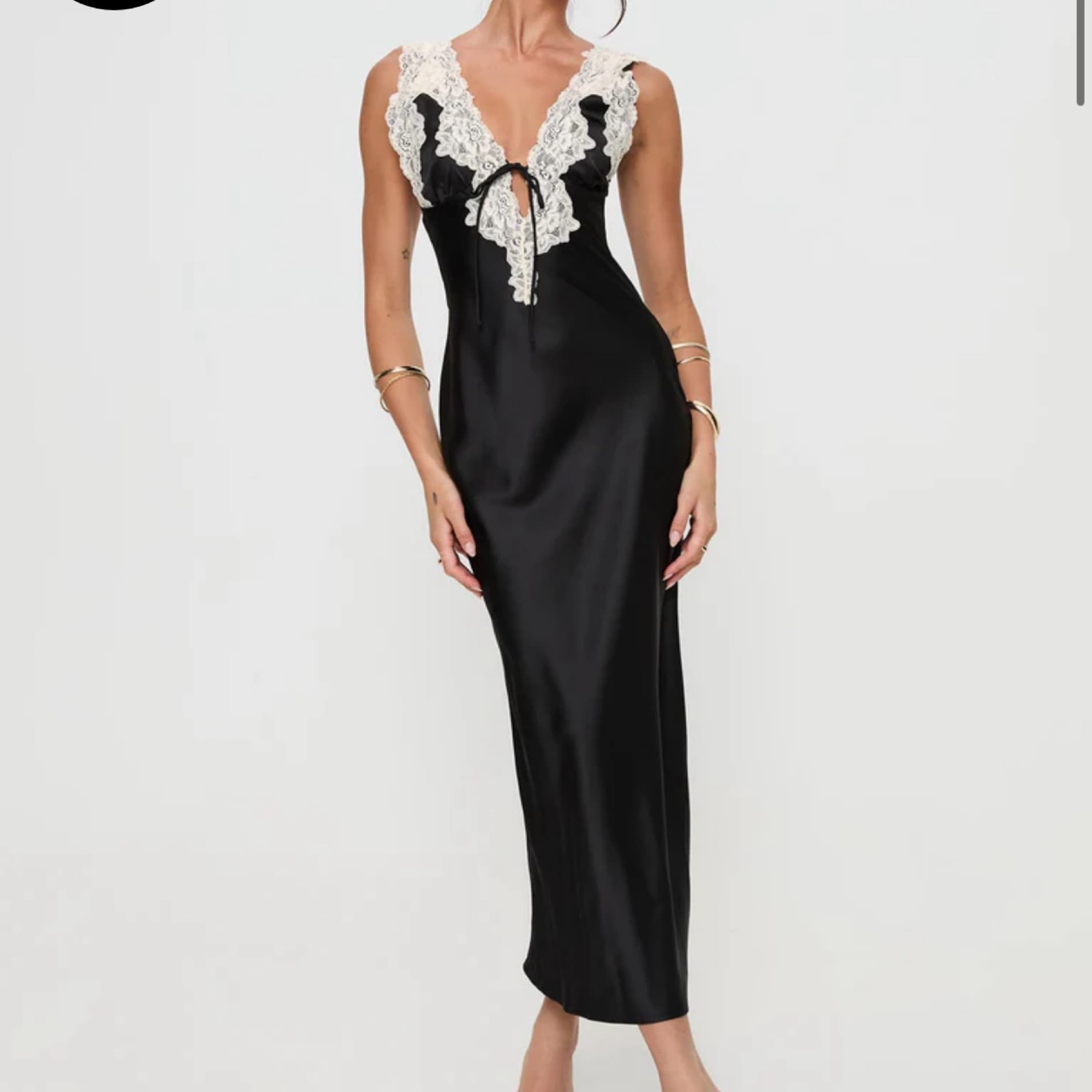 Black Satin Dress With Lace - Image 1